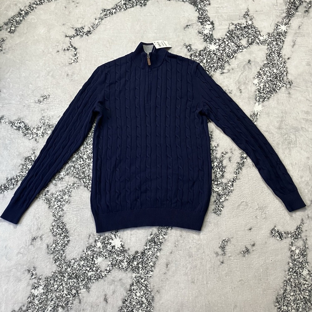 Club Room Mens Sweater Size Small Navy Cable Knit Quarter Zip Pullover NWT